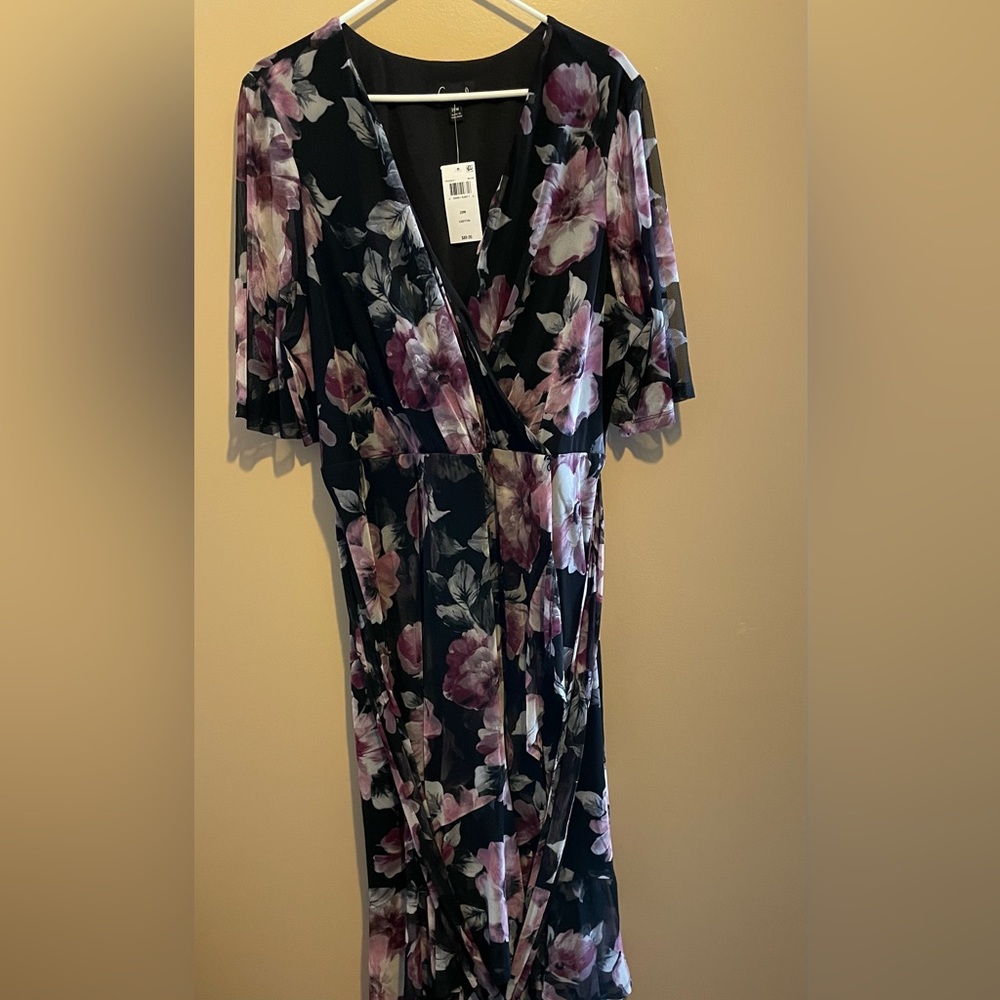 NWT - Macy’s Connected Brand 20W Black/um Chiffon Faux Wrap Ruffle Trim Dress